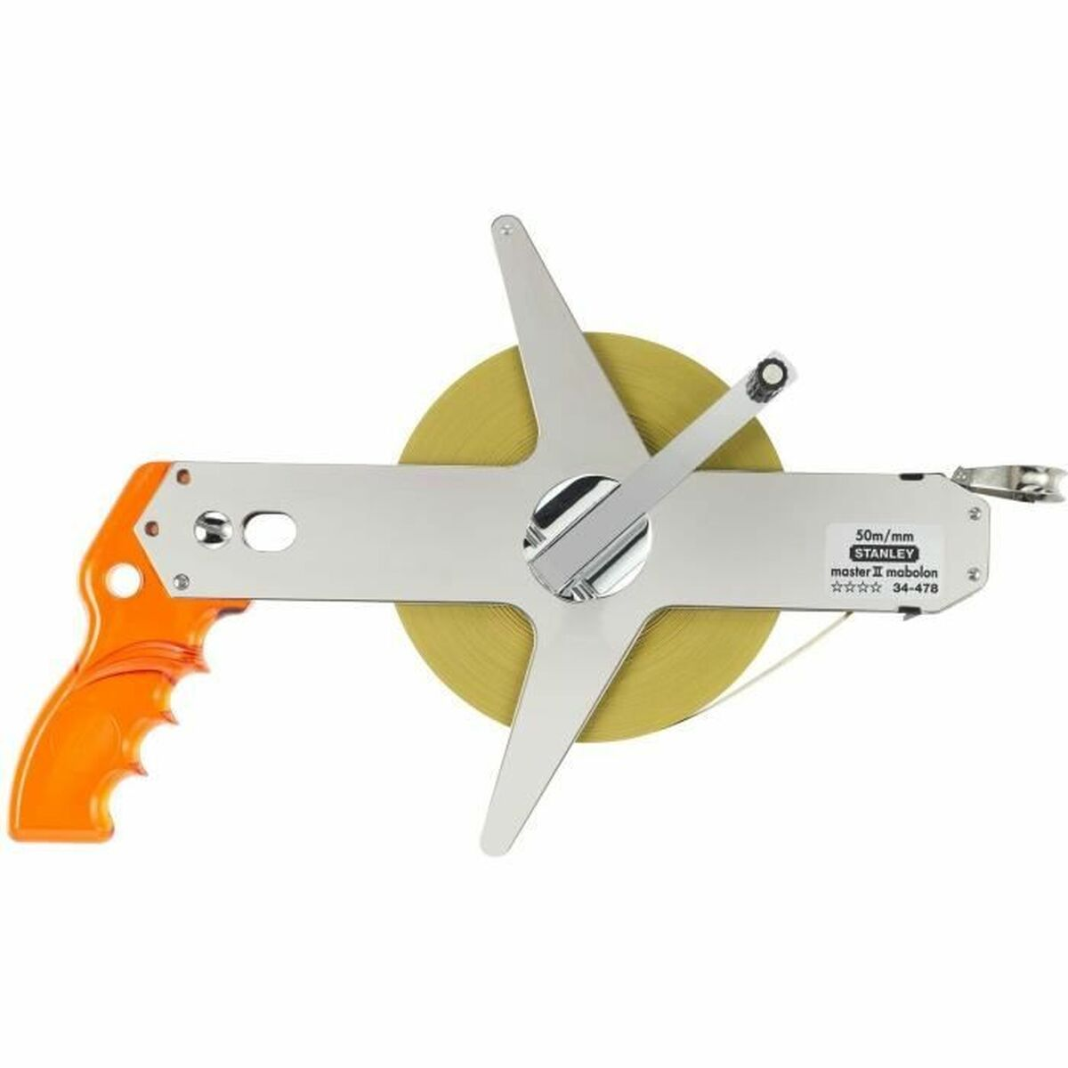 Ein Stanley-Maßband. Es hat einen orangefarbenen Griff, einen silbernen Körper und ein gelbes Band. Das Modell ist Master II Mabolon.