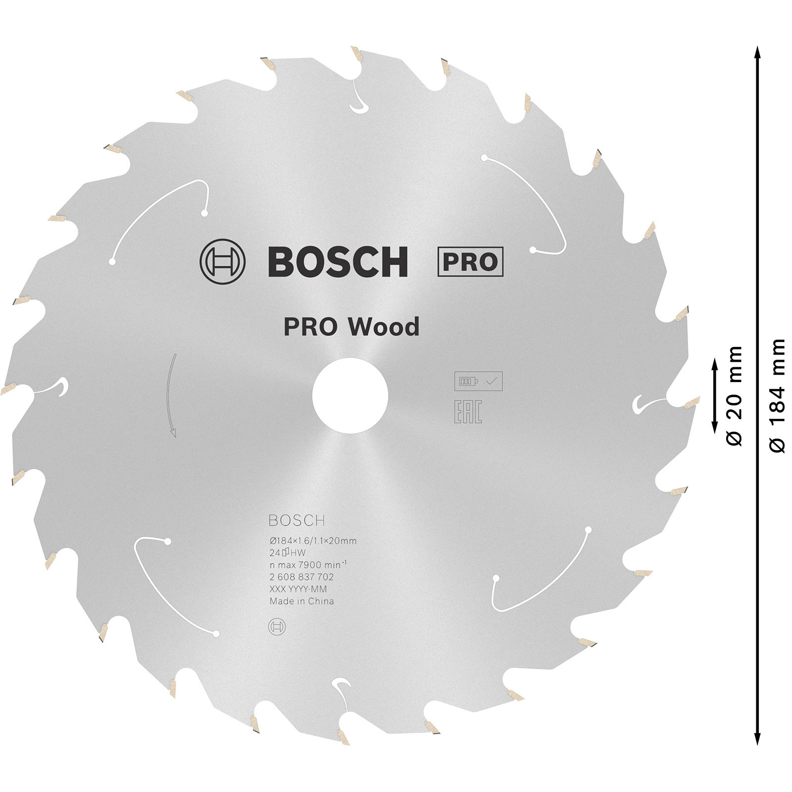 Ein Kreissägeblatt mit dem Bosch Pro Wood Logo und Abmessungen. Es hat scharfe Zähne am Umfang.