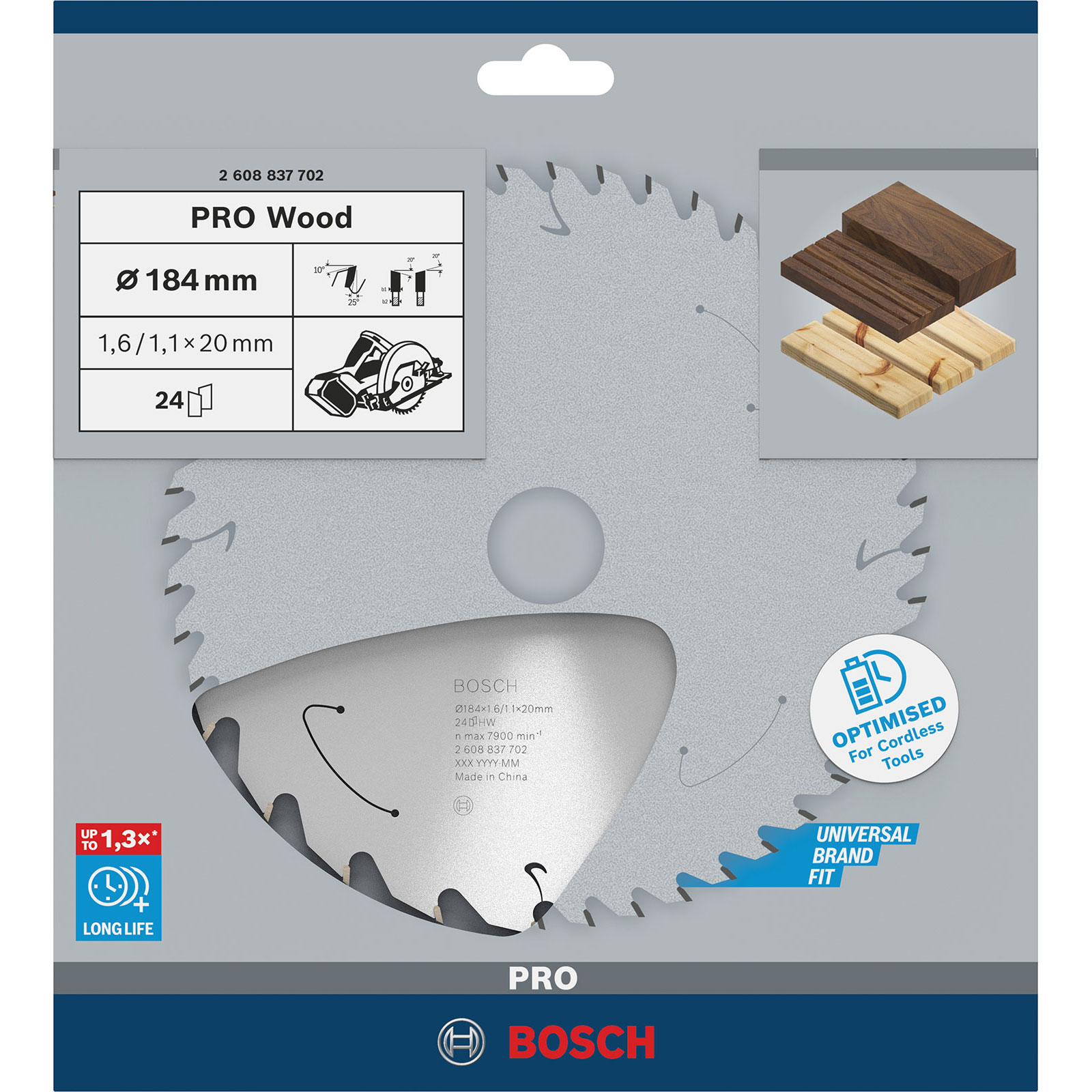 Bosch Pro Wood Sägeblatt. Merkmale: Blattabmessungen, Werkzeugtyp und Holzproben.