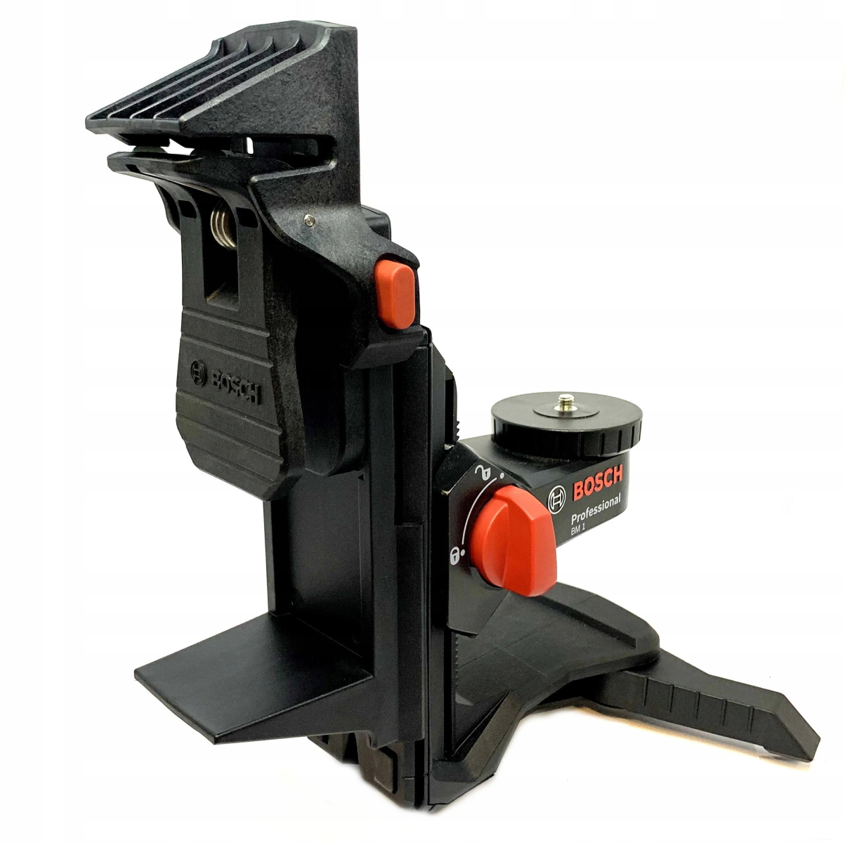 Eine schwarze Bosch BM 1 Professional Laser-Nivellierhalterung. Sie hat rote Einstellknöpfe und einen schwarzen Sockel, vor weißem Hintergrund.