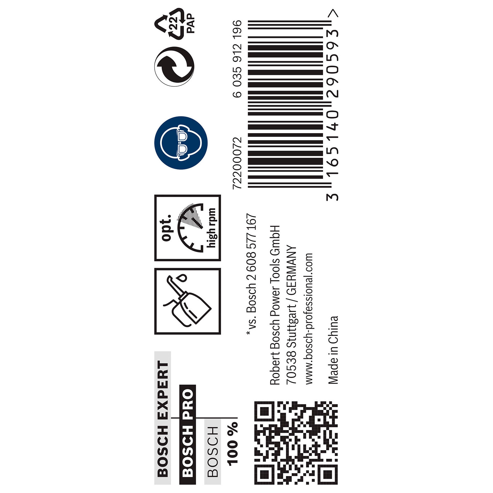 Weißer Hintergrund mit Bosch-Etiketten, Produktinfos, Barcode und Recycling-Symbolen. Enthält Bosch Expert und Bosch Pro.