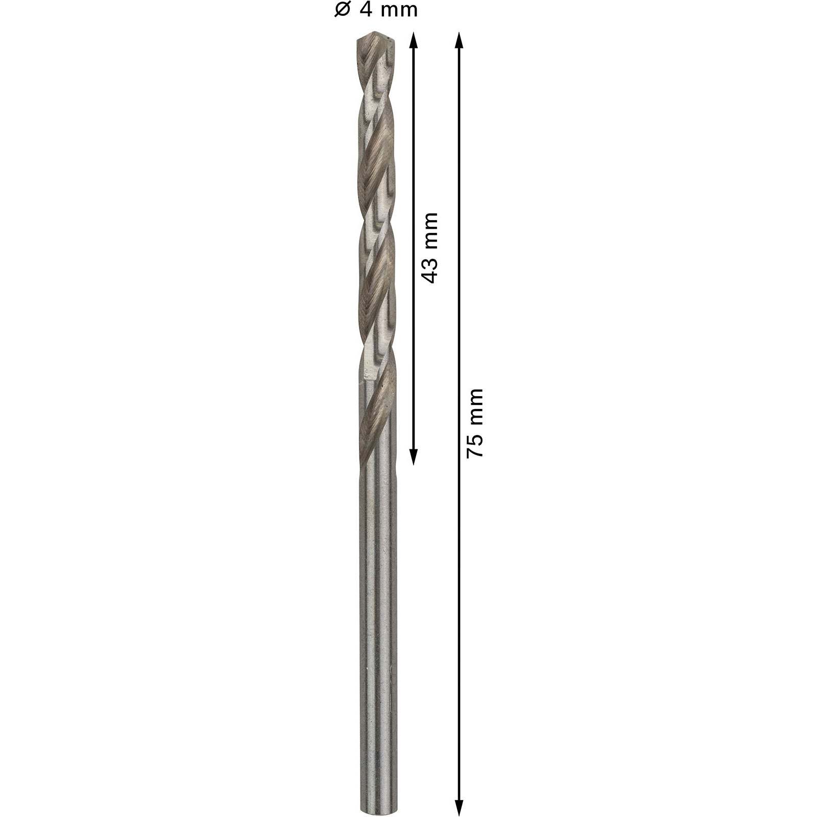 Ein Metallbohrer mit Spiraldesign. Maße sind angegeben: 4 mm Durchmesser, 43 mm Spirallänge und 75 mm Gesamtlänge.