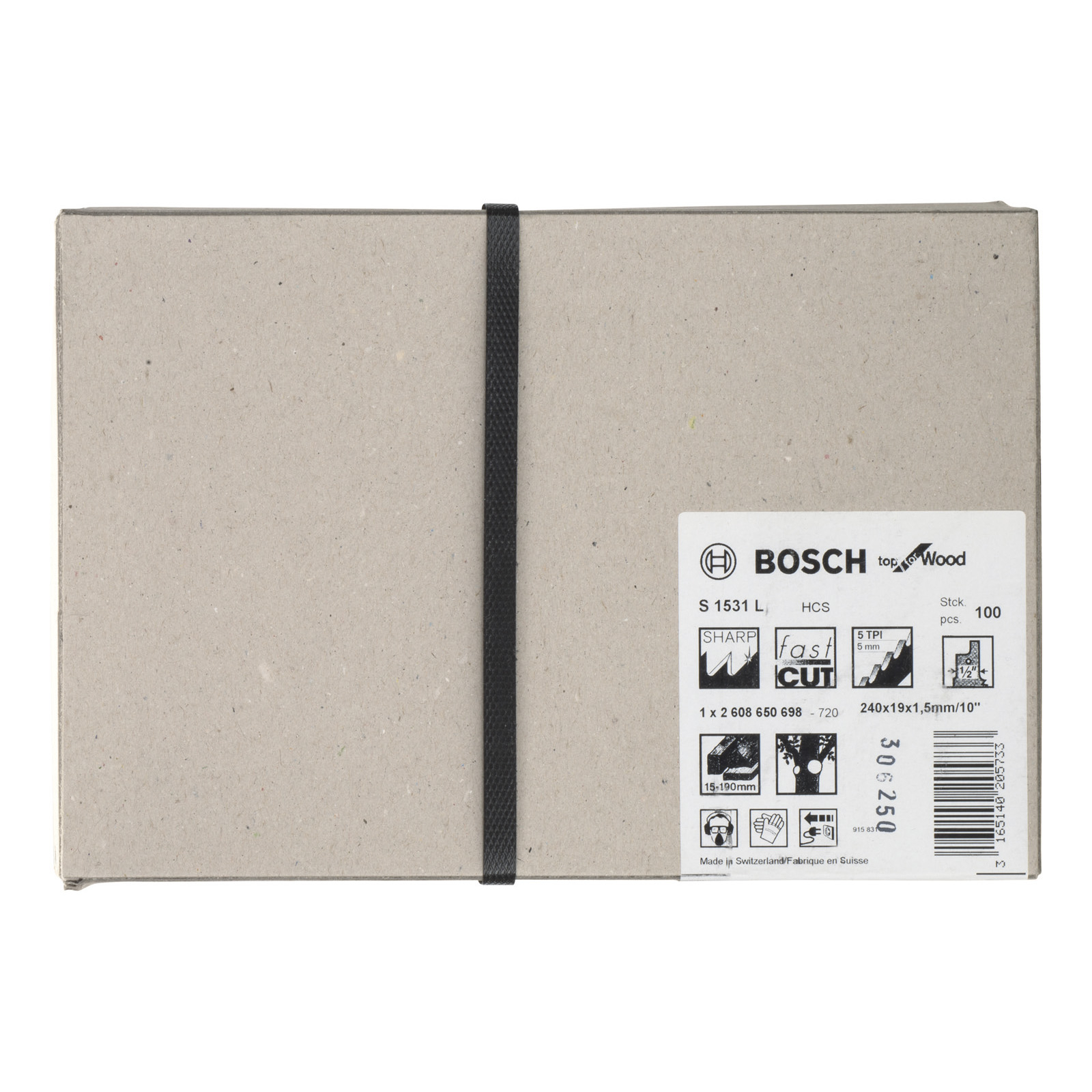 Scatola di cartone con fascia nera. Ha il logo Bosch e dettagli del prodotto.
