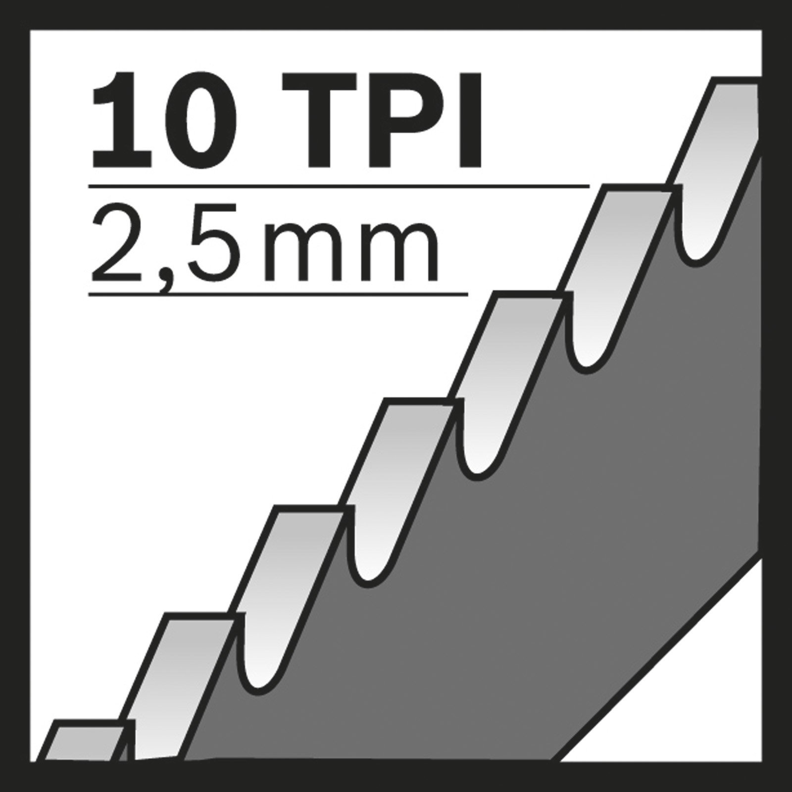 Immagine che mostra una sezione di lama per sega con testo '10 TPI 2,5mm'. La lama ha denti a gradini.