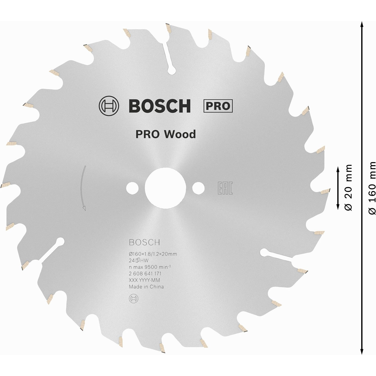 Ein kreisförmiges Sägeblatt, Bosch Pro Wood, hat scharfe Zähne am Rand. Maße sind markiert. Der Hintergrund ist weiß.