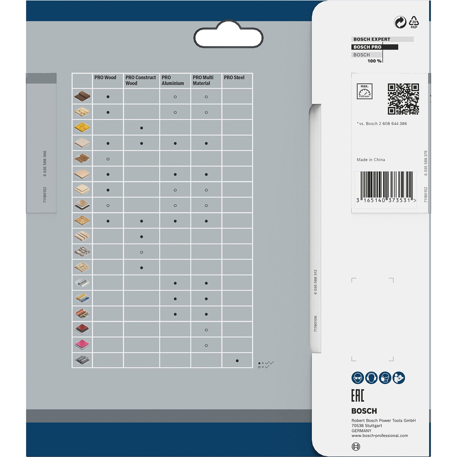 Bosch-Produktverpackung mit Kompatibilitätstabelle und Produktdetails. Enthält Barcode, Logo und Sicherheitsinformationen.