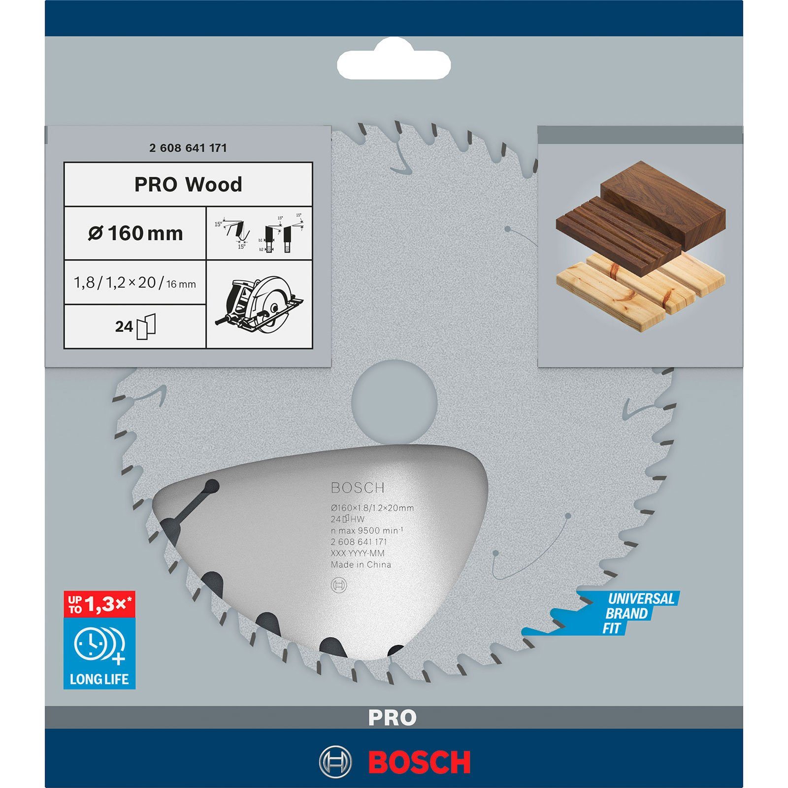 Bosch PRO Wood Sägeblatt. Merkmale umfassen Größe, Spezifikationen und Holzproben. Lange Lebensdauer und universelle Passform werden hervorgehoben.
