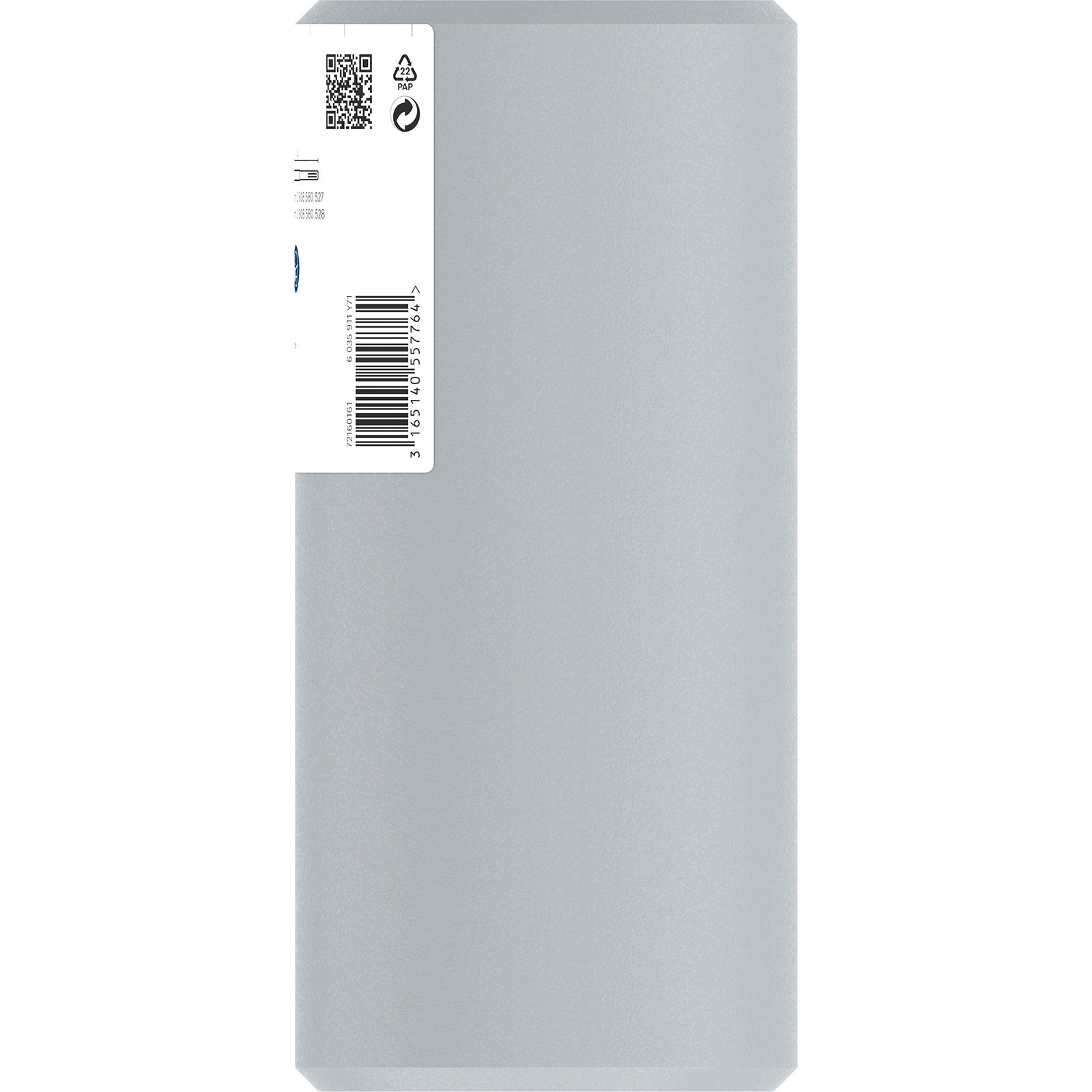 Eine hellgraue Box mit einem weißen Etikett auf der linken Seite mit Barcodes, Zahlen und Recycling-Symbolen.