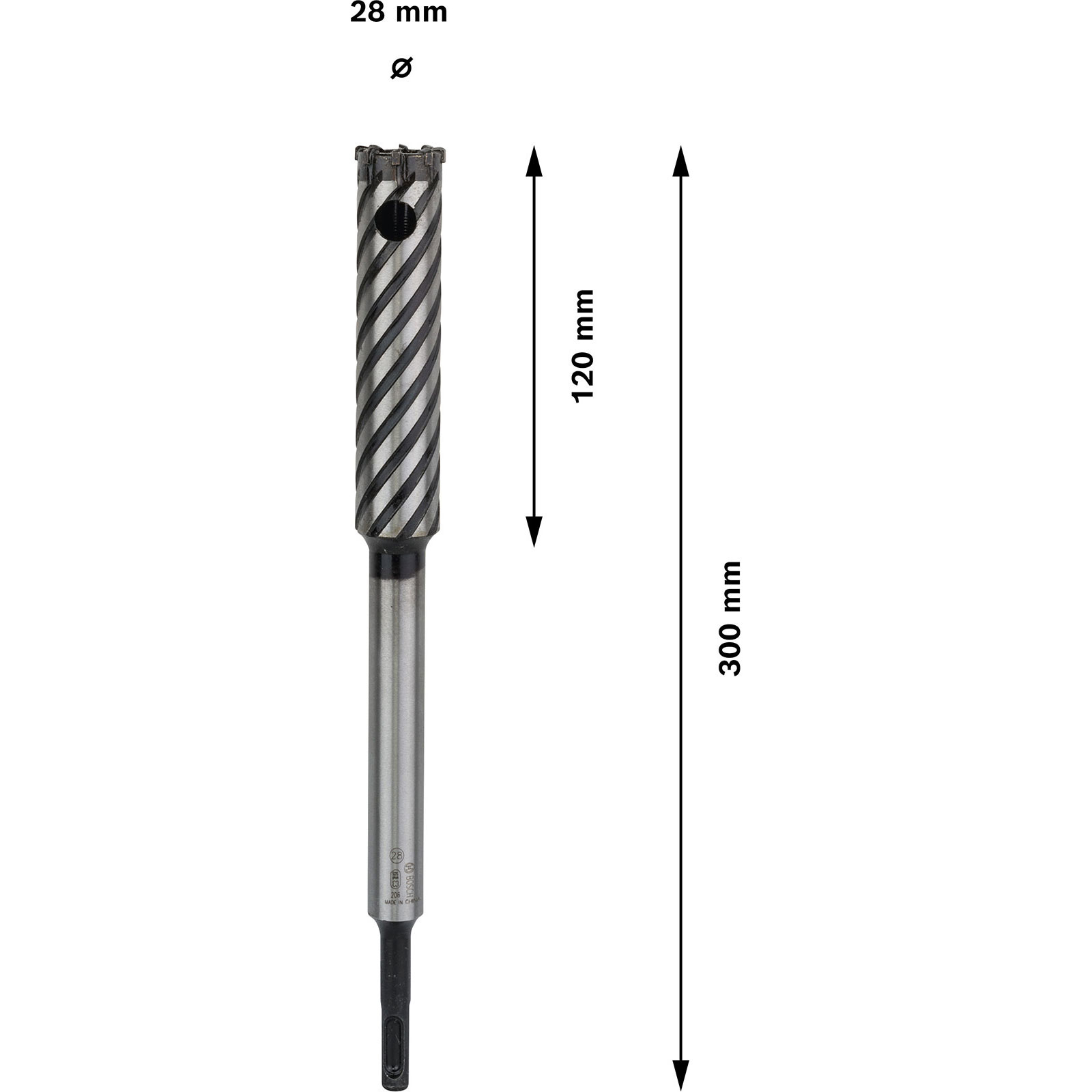 Ein Bohrer mit spiralförmigen Rillen. Abmessungen: 28 mm Durchmesser, 120 mm und 300 mm Längen.