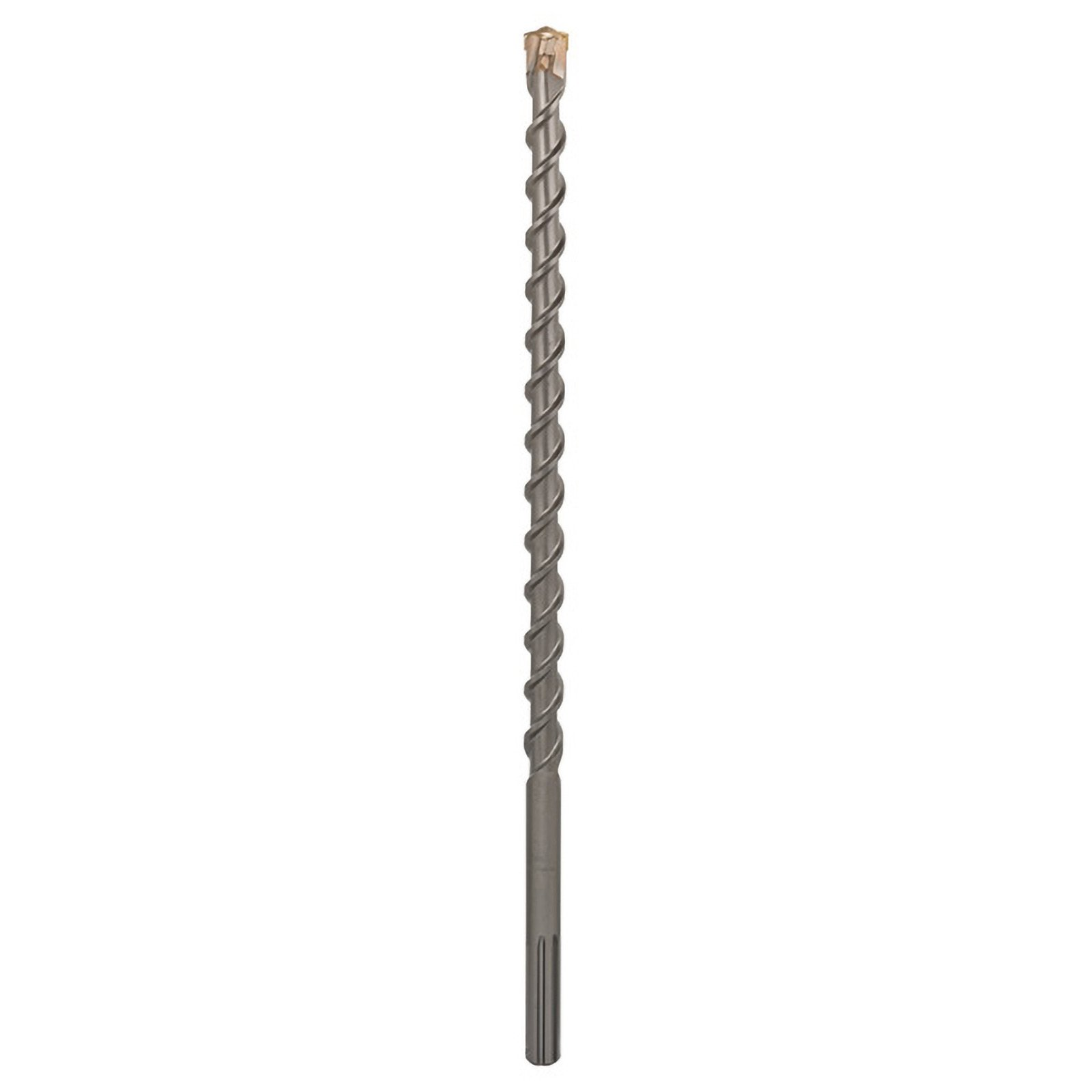 Ein langer, grauer Bohrer mit Spiraldesign und goldfarbener Spitze, vor weißem Hintergrund.