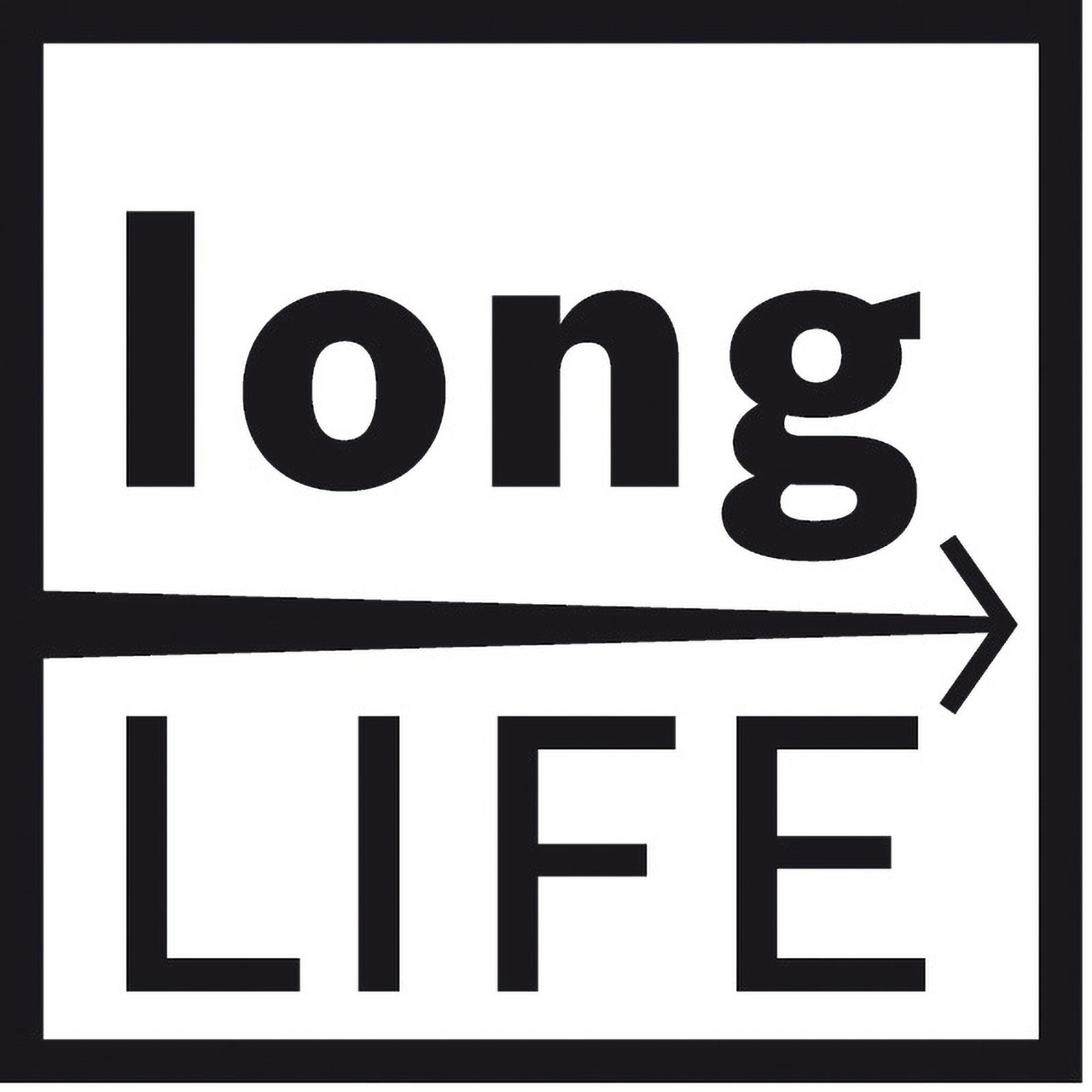 Schwarz-weiße Grafik. Oben steht 'long', unten 'LIFE'. Pfeil von 'long' nach rechts zu 'LIFE'.