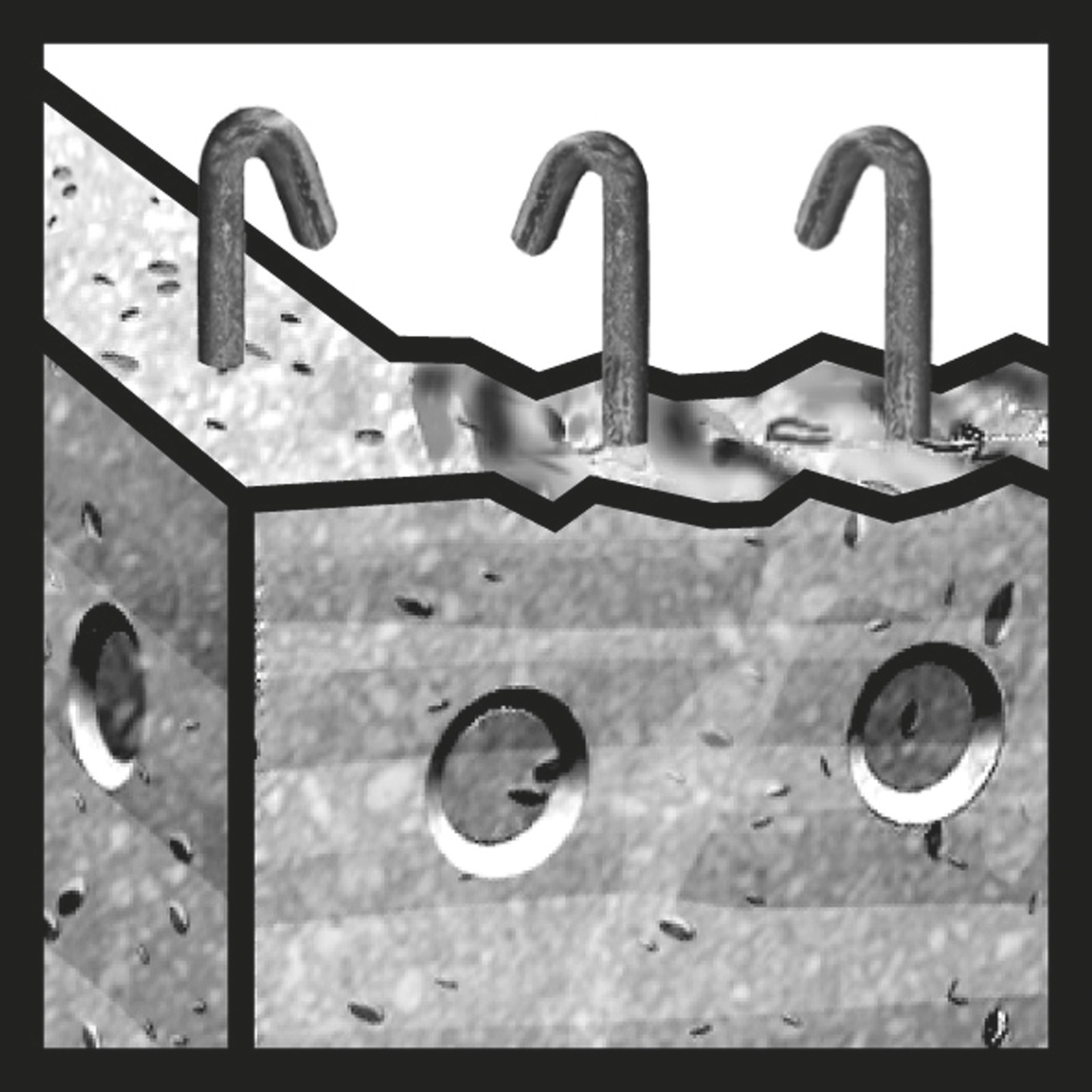 Illustration eines Betonblocks mit drei Metallhaken. Der Block hat kreisförmige Löcher und eine strukturierte Oberfläche.