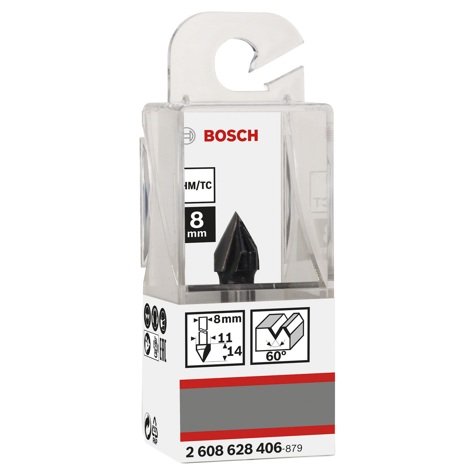 Bosch Bohrer in transparenter Verpackung. Schwarzer Bohrer mit Größenangaben. Markenlogo und Produktinformationen vorhanden.