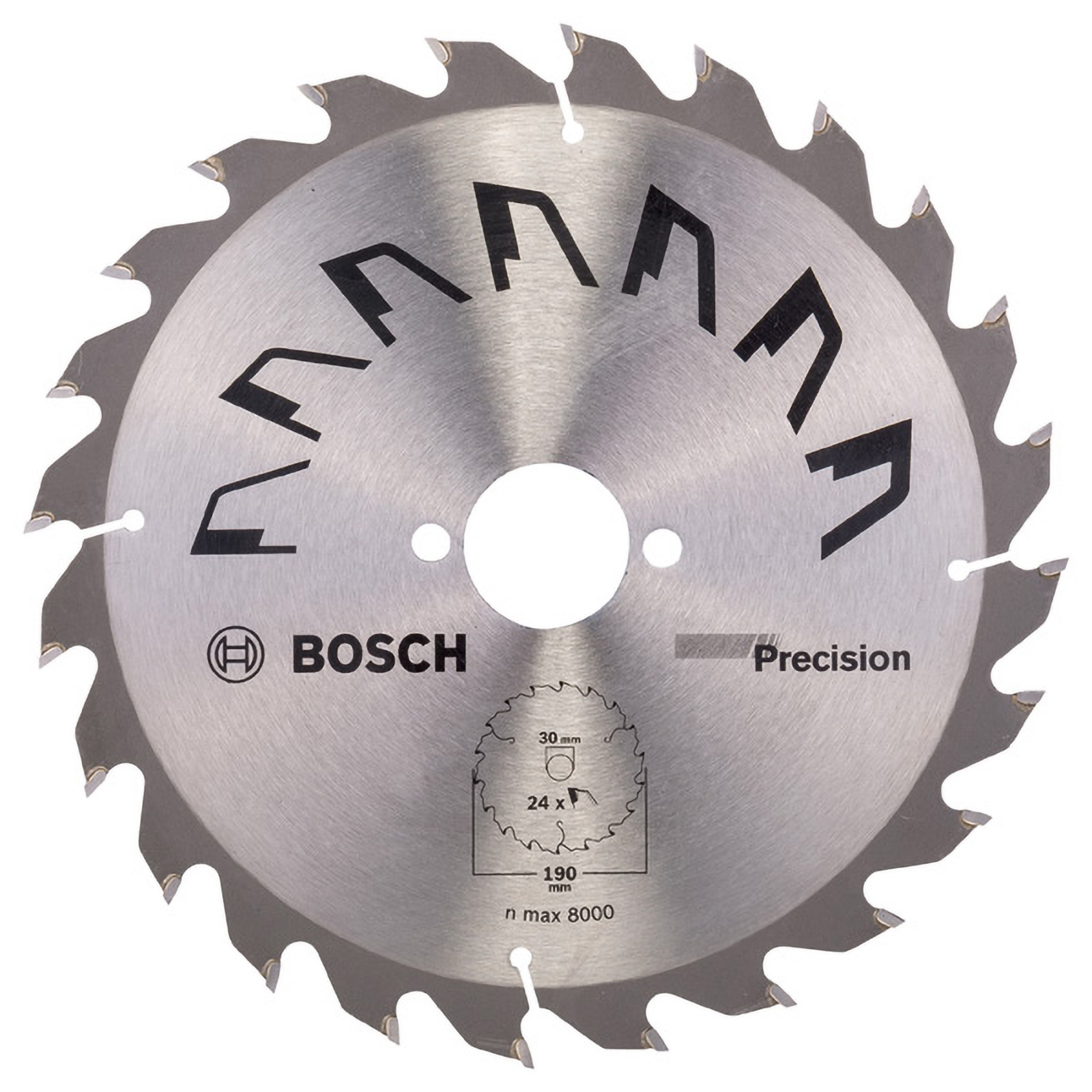 Kreissägeblatt mit scharfen Zähnen. Mit Bosch-Logo und dem Text 'Precision'. Technische Details sind aufgedruckt.