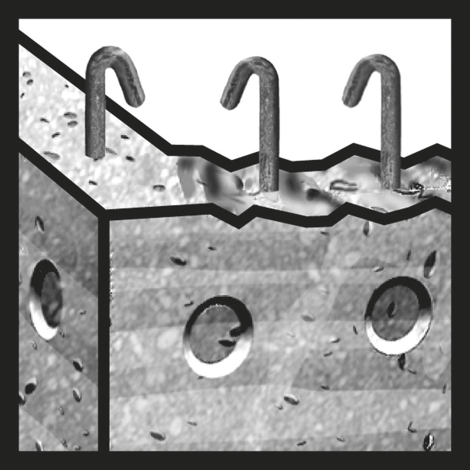 Un'immagine in scala di grigi raffigura un blocco di cemento con tre barre di metallo curve e diversi fori circolari.