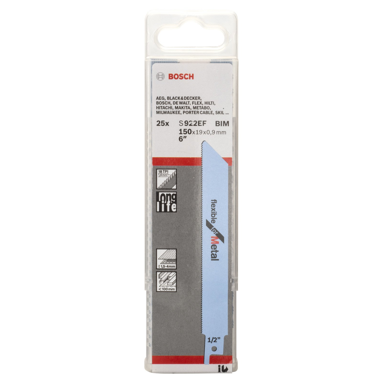 Una confezione di lame per seghetto alternativo Bosch S922EF BIM. La confezione è in plastica trasparente, la lama è blu.