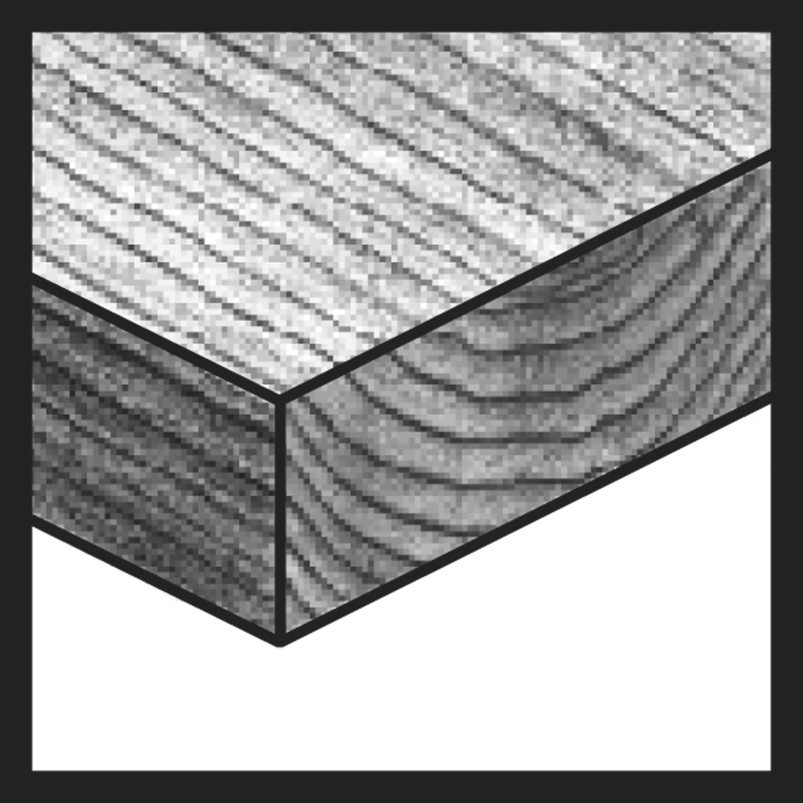 Nahaufnahme einer Holzoberfläche mit sichtbarer Maserung. Das Holz ist grau, mit schwarzen Umrissen. Weißer Hintergrund.