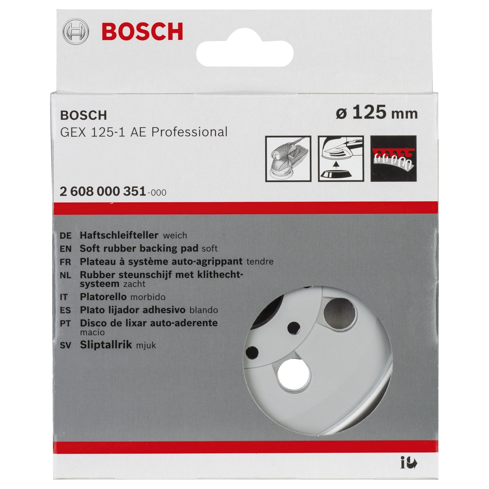 Una scatola di prodotti Bosch con testo e immagini. È visibile un tampone abrasivo. La scatola è grigia, bianca e rossa.