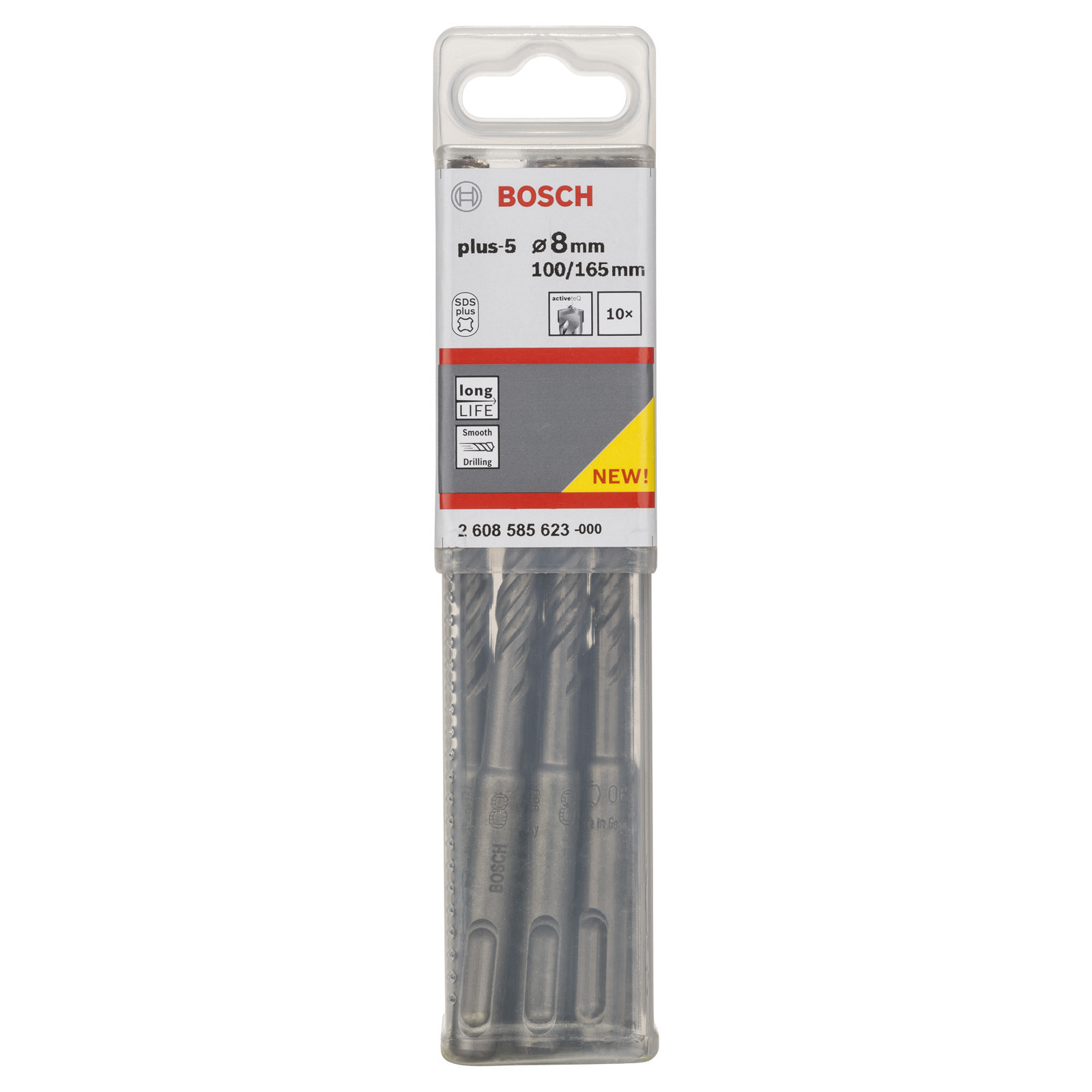 Eine Packung Bosch-Bohrer. Die Verpackung besteht aus klarem Kunststoff mit einem weißen und roten Etikett. Die Bits sind grau.