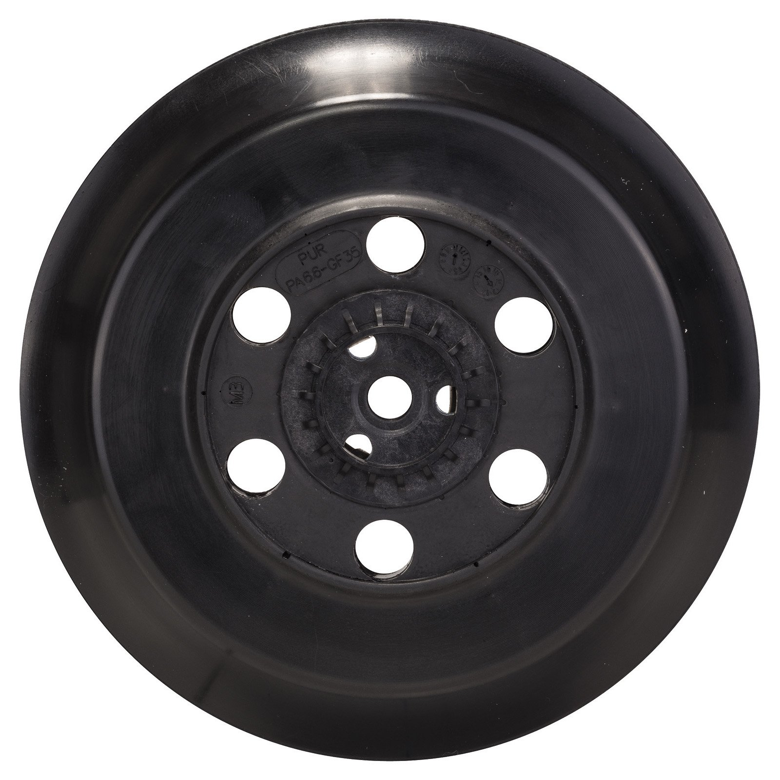 Parte in plastica nera circolare con più fori e testo 'PUR PA66-GF35'. Sfondo bianco.