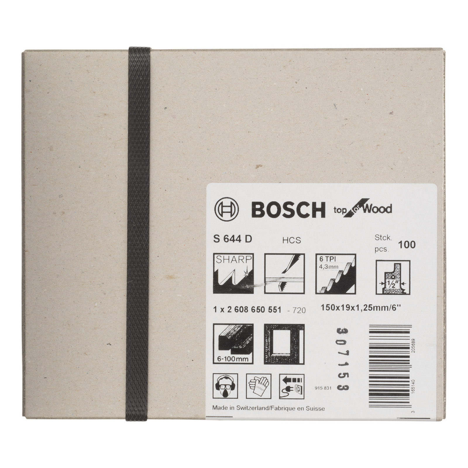 Una scatola di lame per seghetto Bosch con dettagli del prodotto. La scatola è beige con un cinturino nero e un'etichetta bianca.