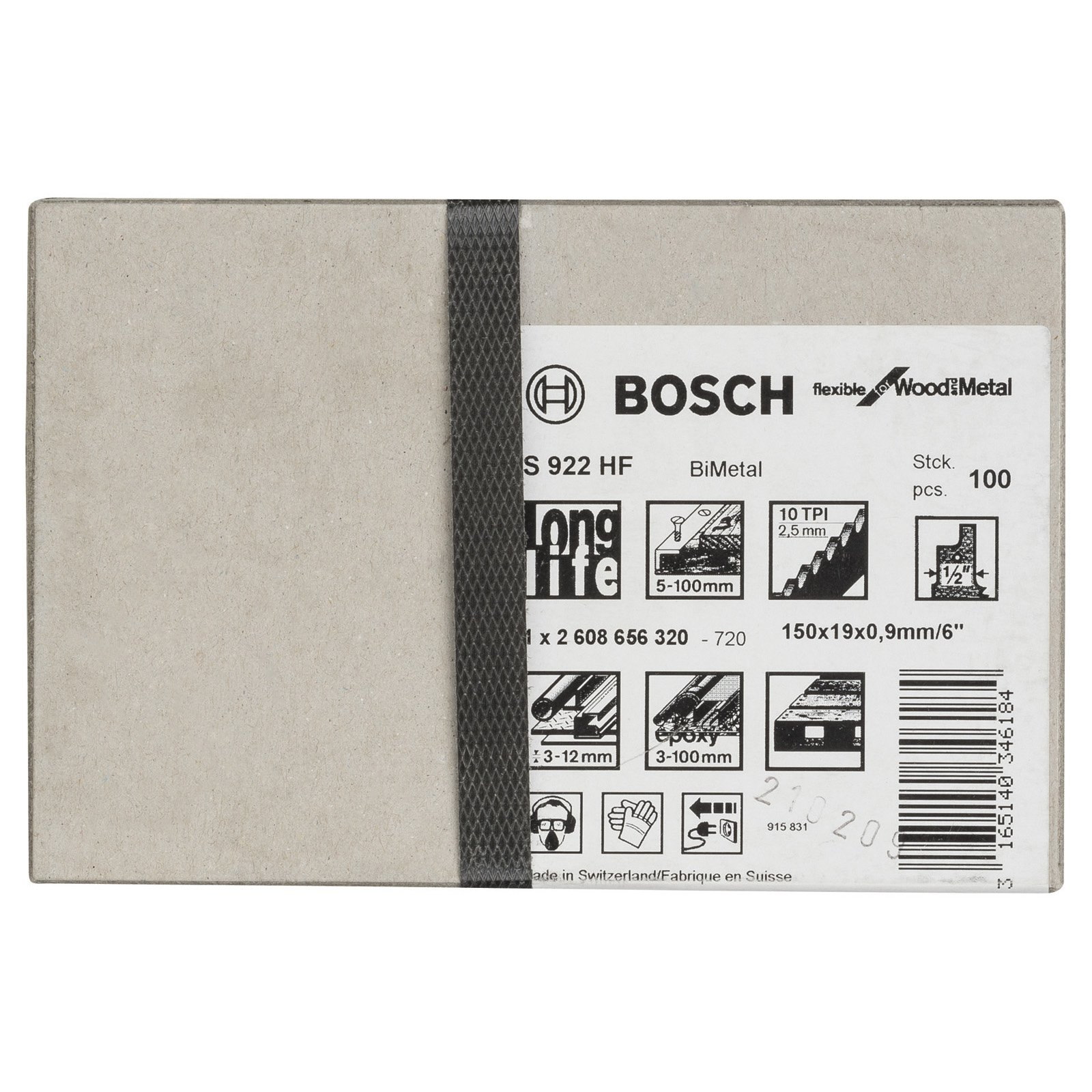 Une boîte Bosch de lames de scie. Boîte grise avec une bande noire. Texte et images sont imprimés sur le côté droit de la boîte.