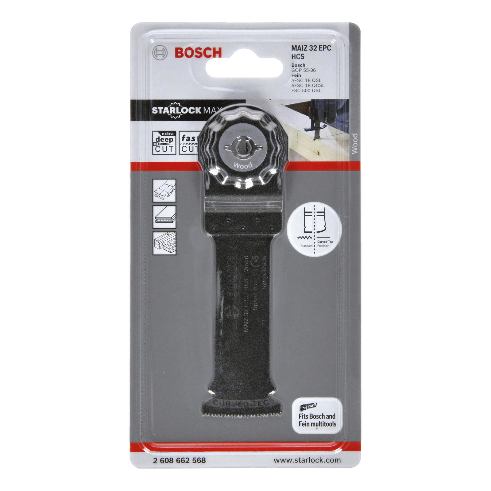 Ein Bosch MAIZ 32 EPC HCS Holzsägeblatt in seiner Verpackung. Es ist silber und schwarz, mit Text und Logos.