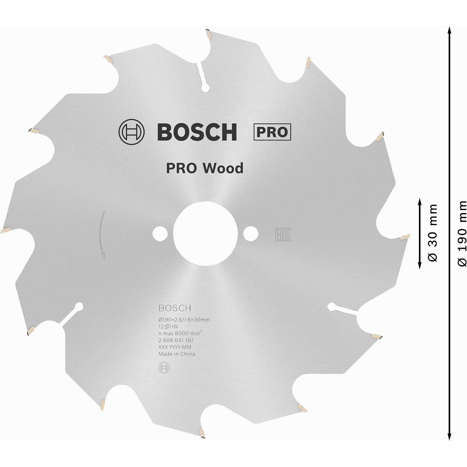 Ein kreisförmiges Sägeblatt mit dem Bosch-Logo. Es ist silberfarben mit Zähnen am Rand und mit 'PRO Wood' beschriftet.