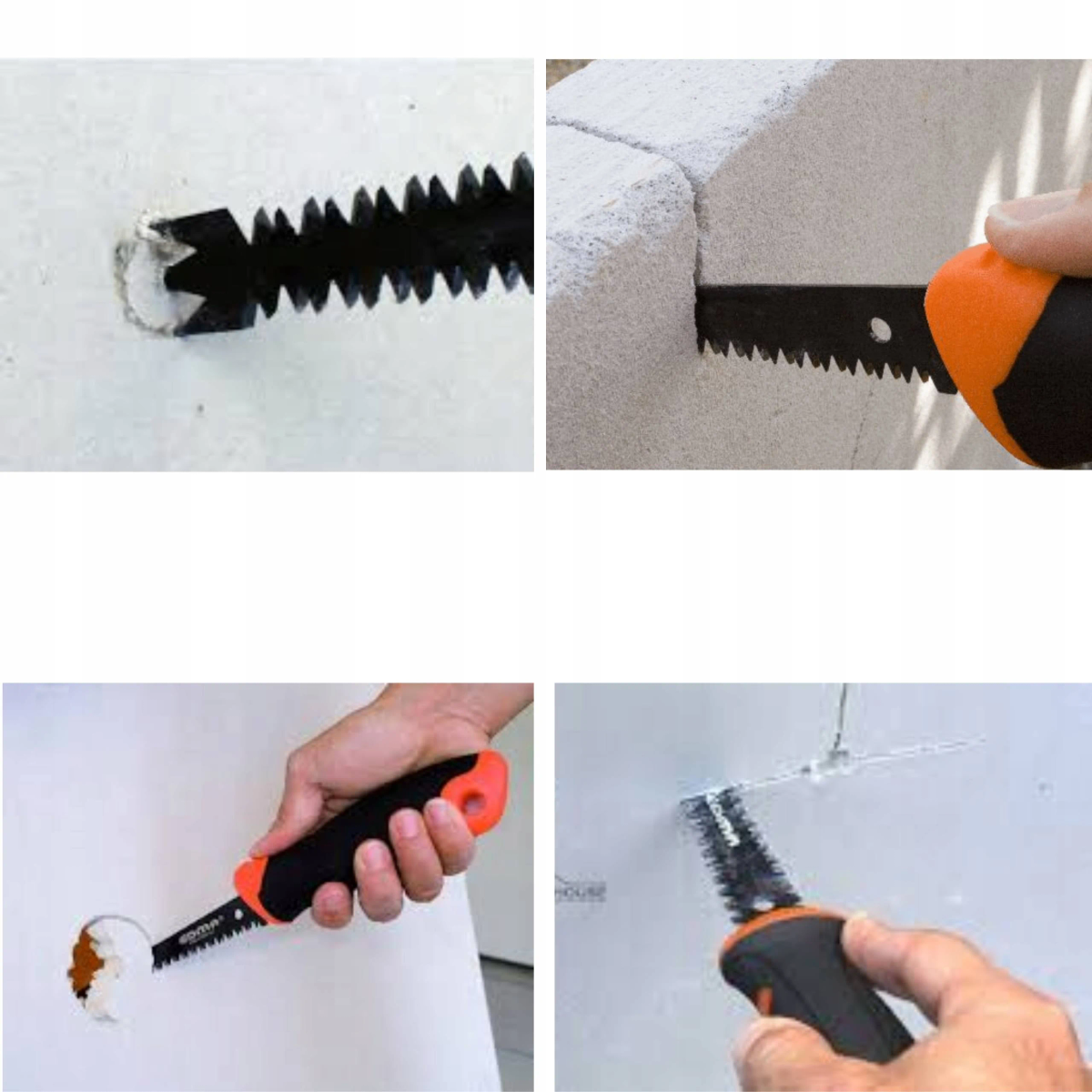 Eine schwarze Säge mit orangefarbenem Griff schneidet durch verschiedene Materialien, darunter Trockenbauwände und Schaumstoffblöcke.