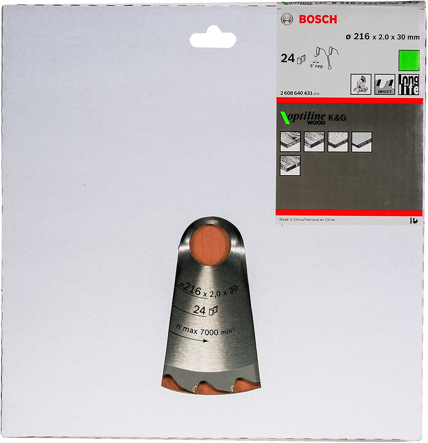 Ein Bosch-Kreissägeblatt auf weißem Hintergrund. Es befindet sich in der Verpackung mit Angaben zur Größe und den Zähnen des Blattes.