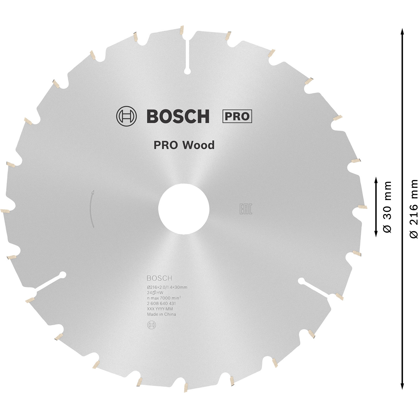 Ein kreisförmiges Sägeblatt, silber mit Zähnen, das Bosch-Logo und der Text 'PRO Wood'. Abmessungen sind rechts angegeben.