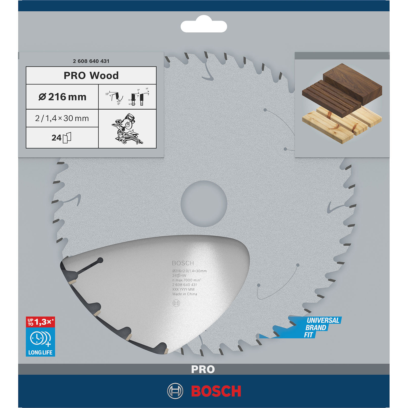 Ein Bosch PRO Wood Sägeblatt auf grauem Hintergrund. Es hat ein silbernes Blatt mit Zähnen und eine Diagramm von Holzmustern.