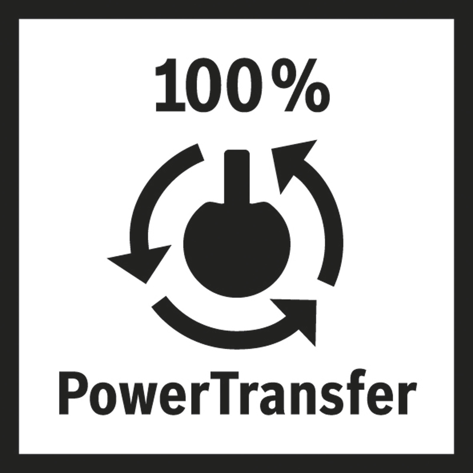 '100%' yazısının üzerinde dairesel bir güç aktarım sembolü bulunan siyah beyaz grafik. Altında 'PowerTransfer' metni.
