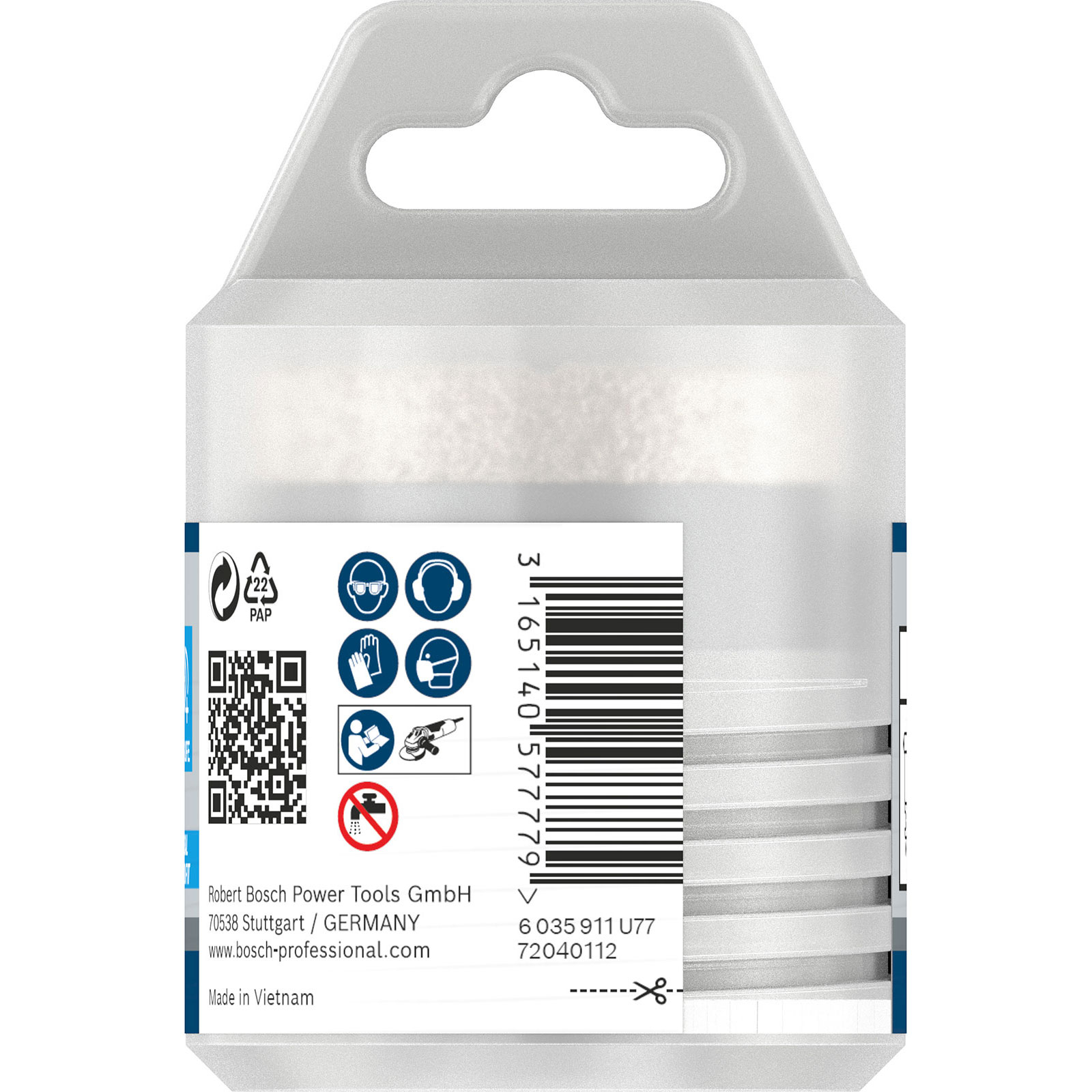 Eine weiße und blaue Verpackung mit Sicherheitssymbolen und einem Barcode. Enthält Text und einen QR-Code.