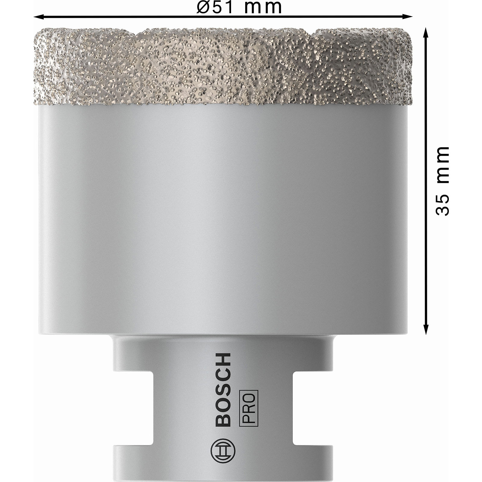 Ein Bosch Pro Diamant-Bohrer. Er ist grau mit einer rauen, strukturierten Schneidkante. Abmessungen sind in mm angegeben.