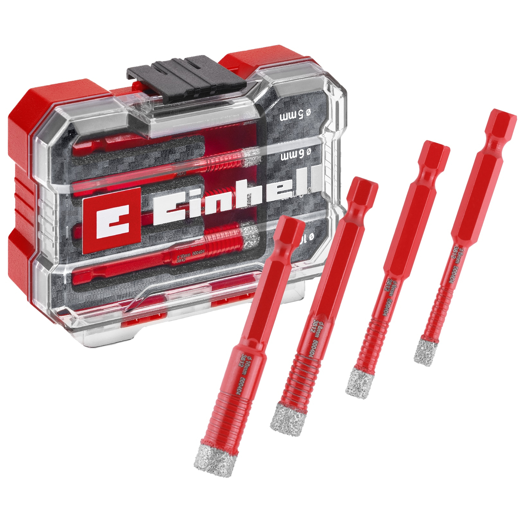 Un coffret de forets rouge et transparent avec des forets. Le coffret porte le logo Einhell. Quatre forets rouges devant.