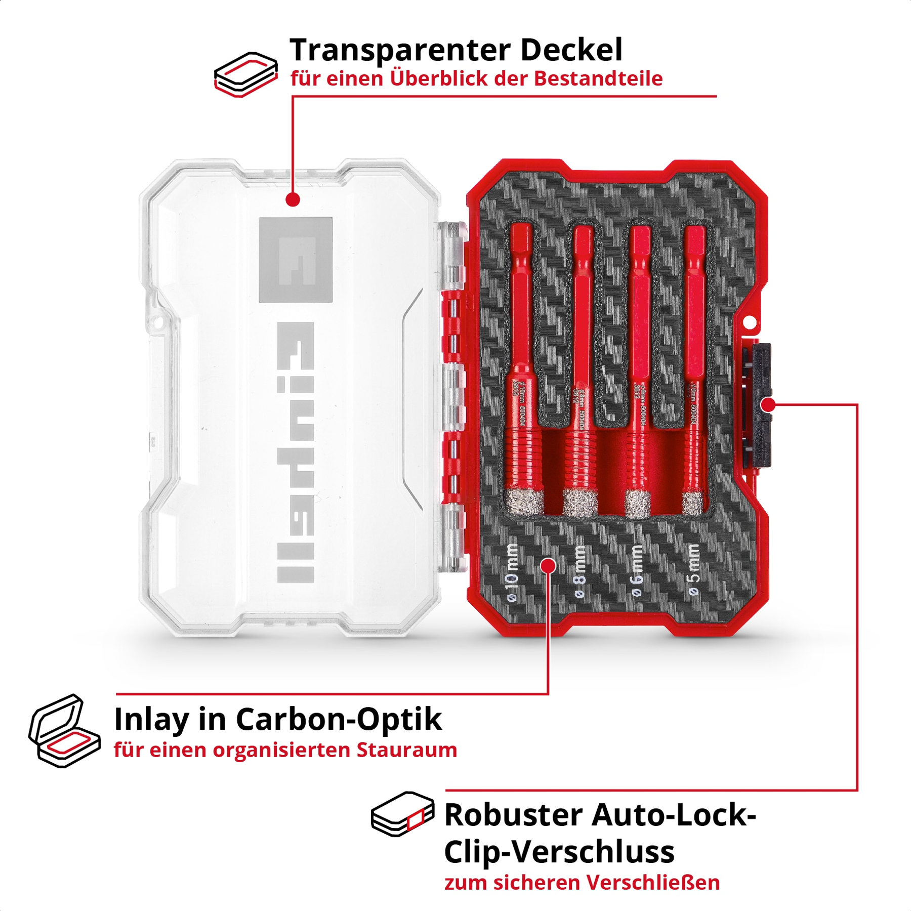 Une boîte transparente avec des mèches rouges de différentes tailles. L'intérieur de la boîte a un aspect fibre de carbone.