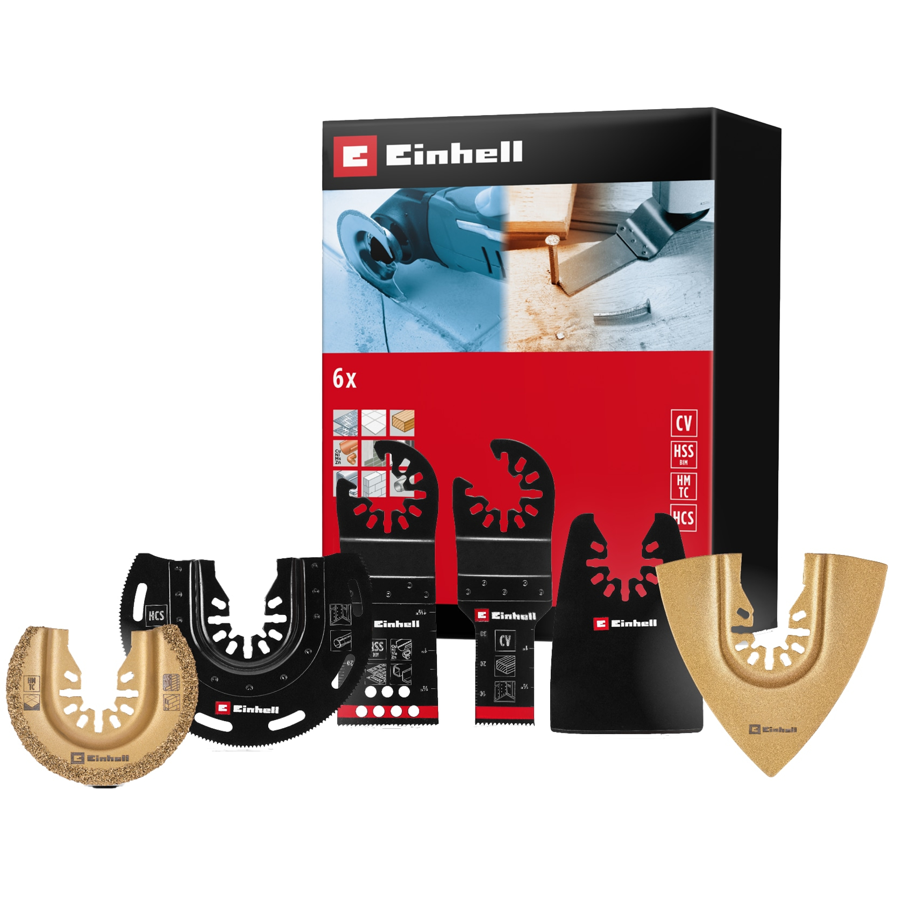Ein Satz Oszillations-Multitool-Klingen in Schwarz und Gold von Einhell. Enthält Klingen und eine Box mit Produktinformationen.