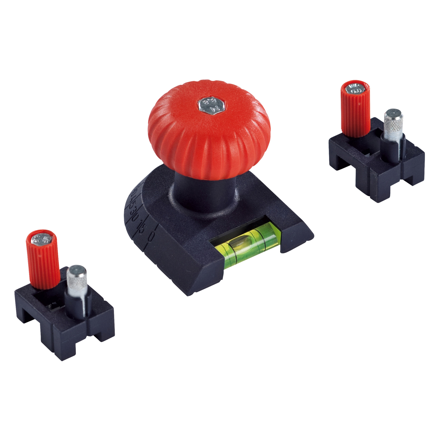 Uno strumento di livellamento con manopola rossa e livella a bolla. Sono presenti anche due parti più piccole con manopole rosse e argentate.