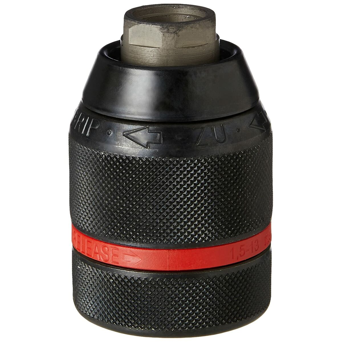 Ein schwarzes Bohrfutter mit rotem Band mit der Aufschrift 'RELEASE'. Es hat eine Metallspitze und einen strukturierten Griff.