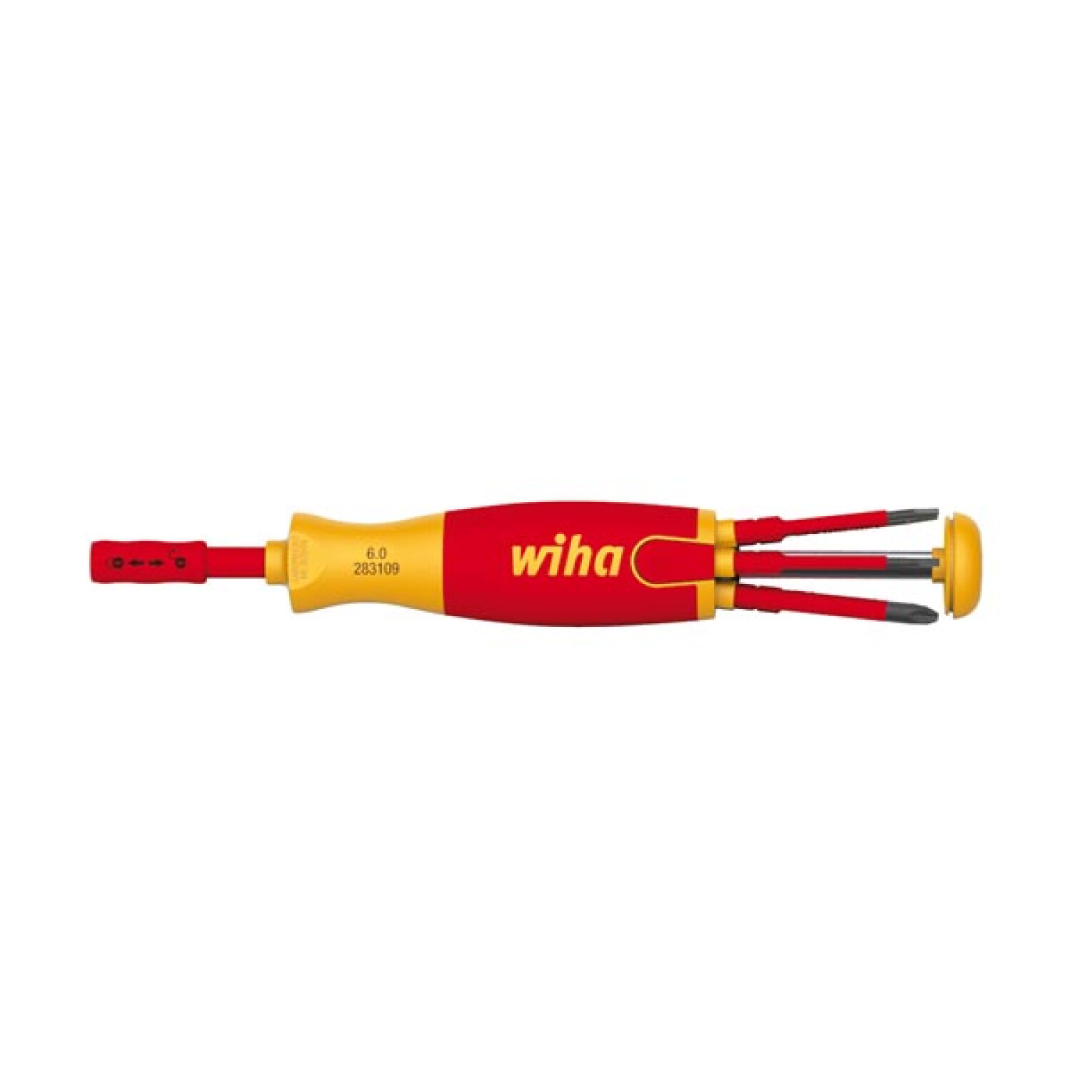 Ein rot-gelber Wiha-Schraubendreher mit mehreren austauschbaren Bits. Der Griff ist gelb, Schaft und Bits sind rot und schwarz.