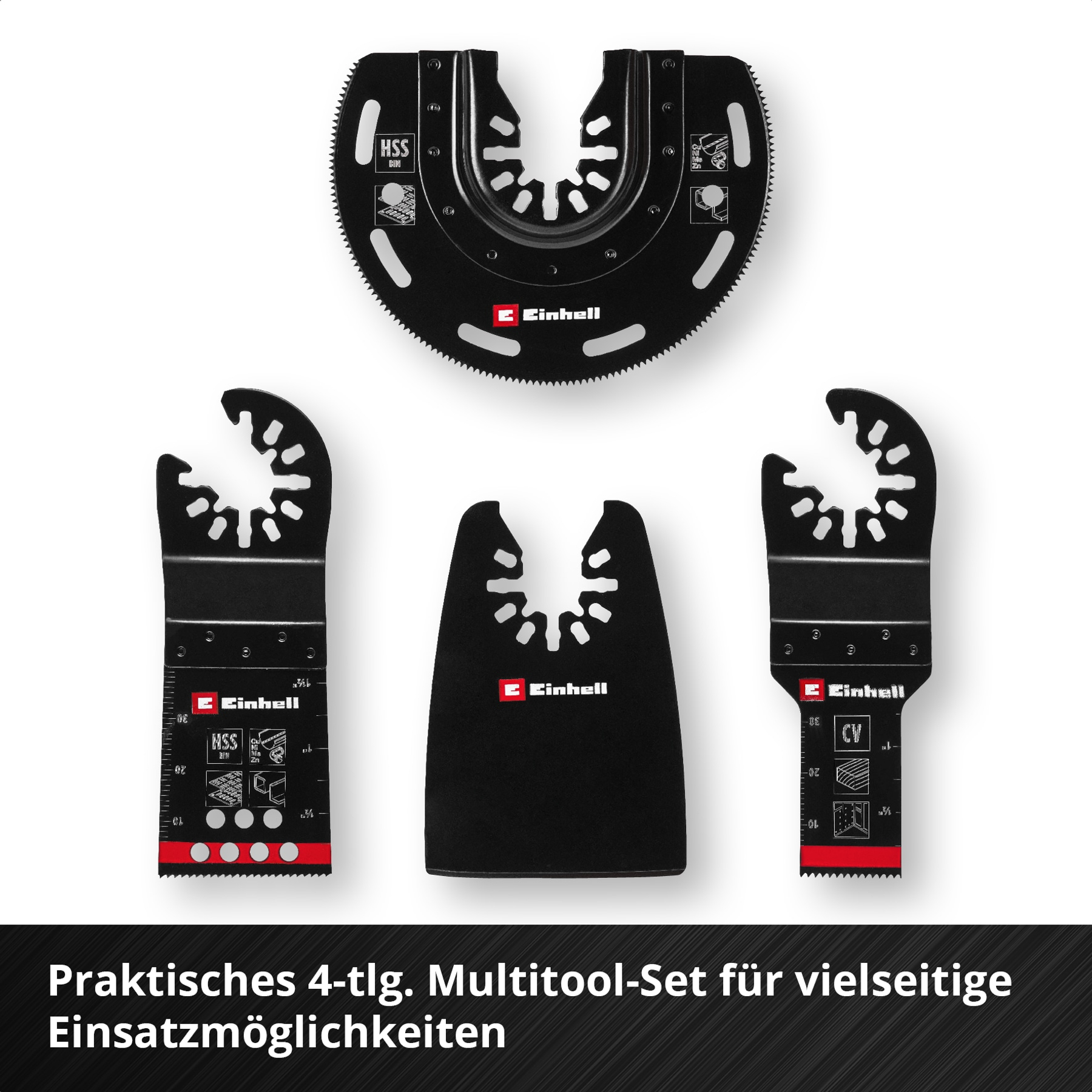 Ein Satz von vier schwarzen Einhell Multi-Tool-Klingen. Klingen haben verschiedene Formen mit HSS- und CV-Markierungen. Unten steht Text.