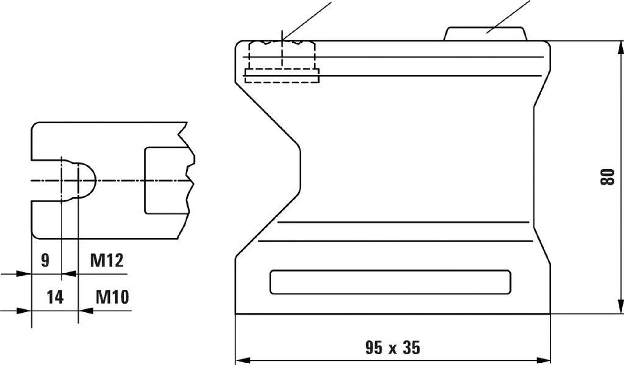 Technische Zeichnung einer schwarzen Komponente. Zeigt Abmessungen: 95x35, Höhe 80, M12, M10. Seitenansicht mit Schlitz.