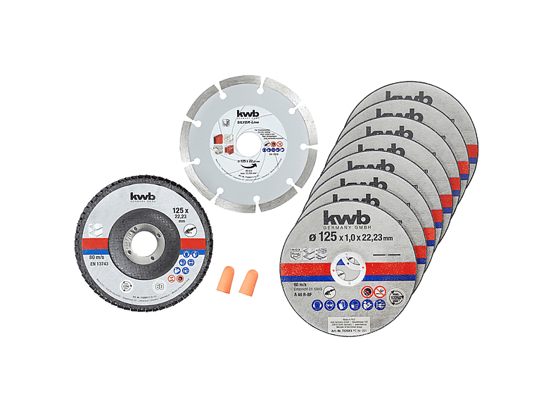 Produktbild von Kwb Trennscheiben-Set 125 Mm – 10-teilig Für Edelstahl, Stein & Stahl, Inkl. Gehörschutz