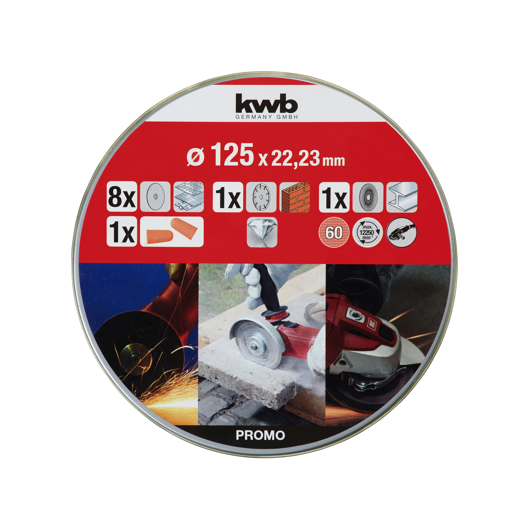 Runde Sägeblatt-Produktverpackung. Rotes und weißes Design mit Bildern von Objekten und einem Arbeiter, der das Werkzeug benutzt.