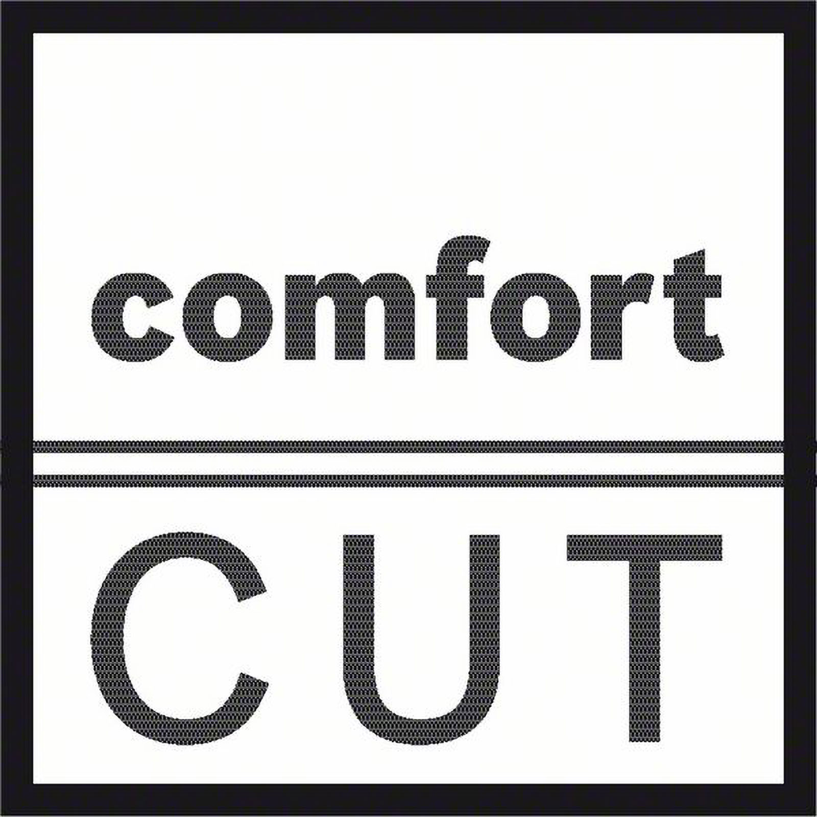 Ein weißes Quadrat mit schwarzem Rand. Die Wörter 'comfort' und 'CUT' sind schwarz, getrennt durch eine Linie.
