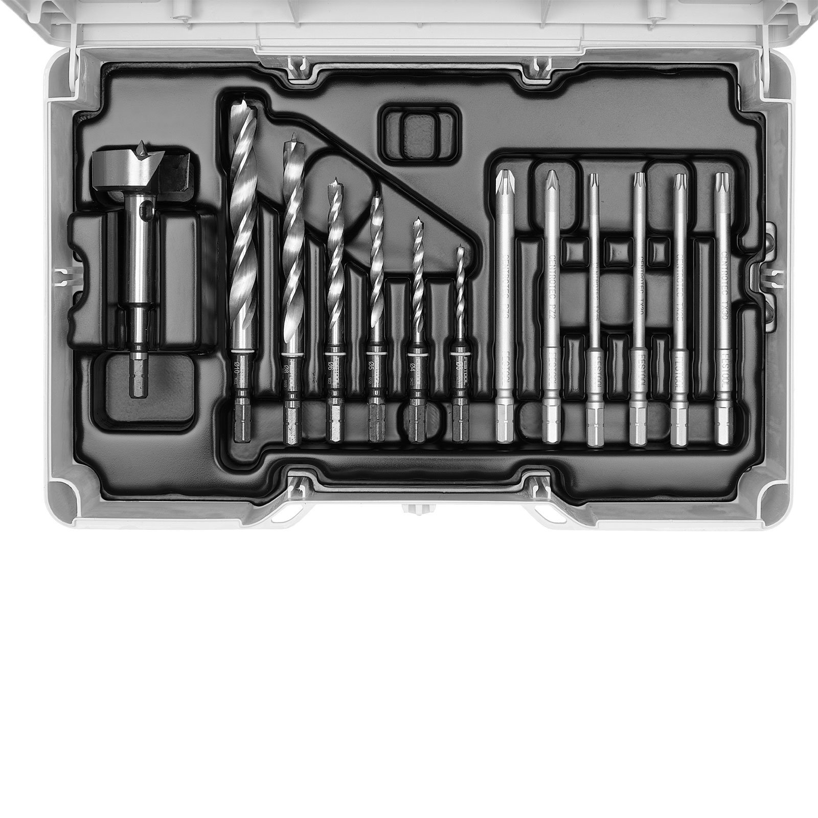 Ein Satz Bohrer und Schraubendreher-Bits in einer schwarzen Ablage in einem weißen Werkzeugkasten. Verschiedene Größen und Typen sind sichtbar.
