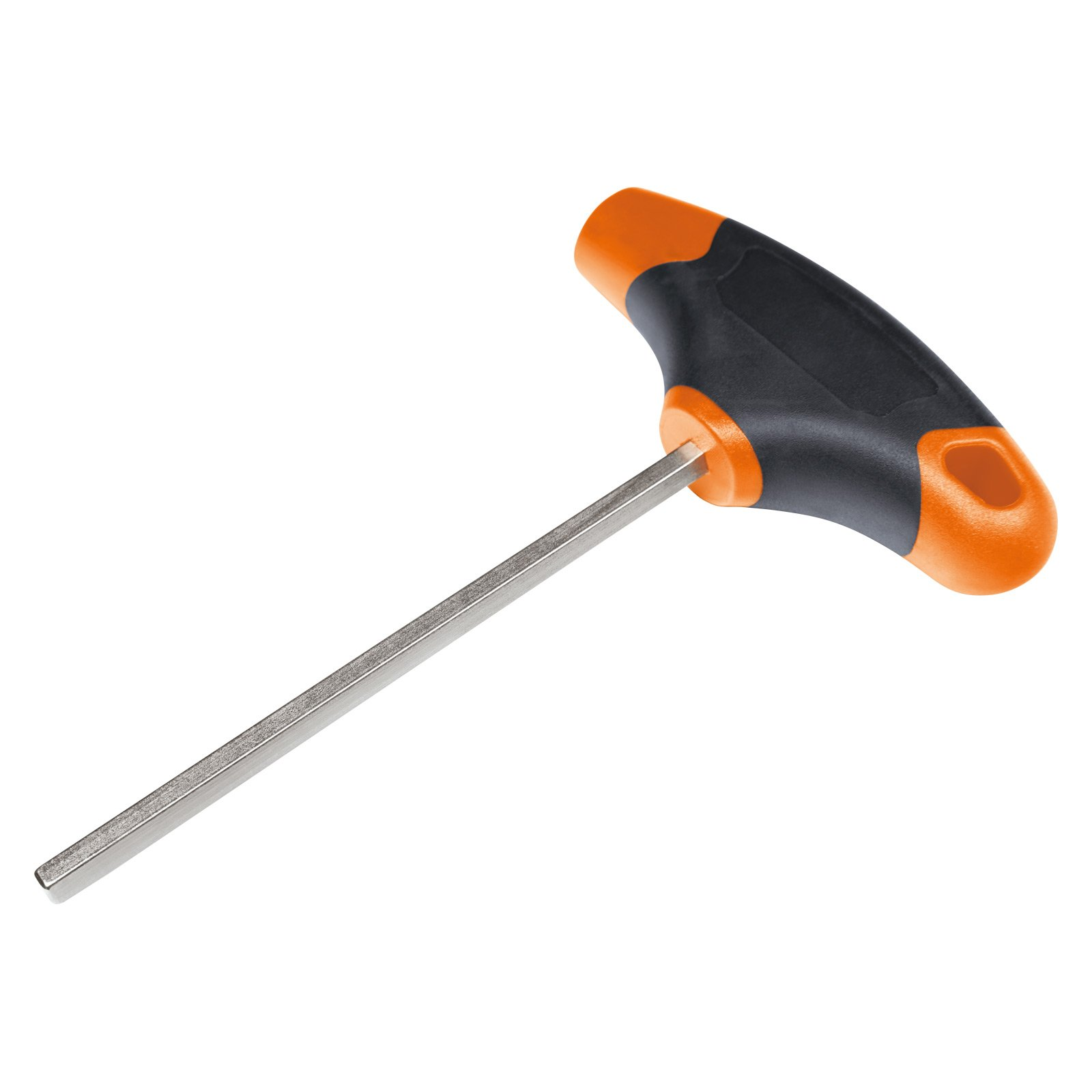 Ein T-Griff-Inbusschlüssel mit einem schwarz-orangefarbenen Griff und einem silbernen, rechteckigen Schaft.