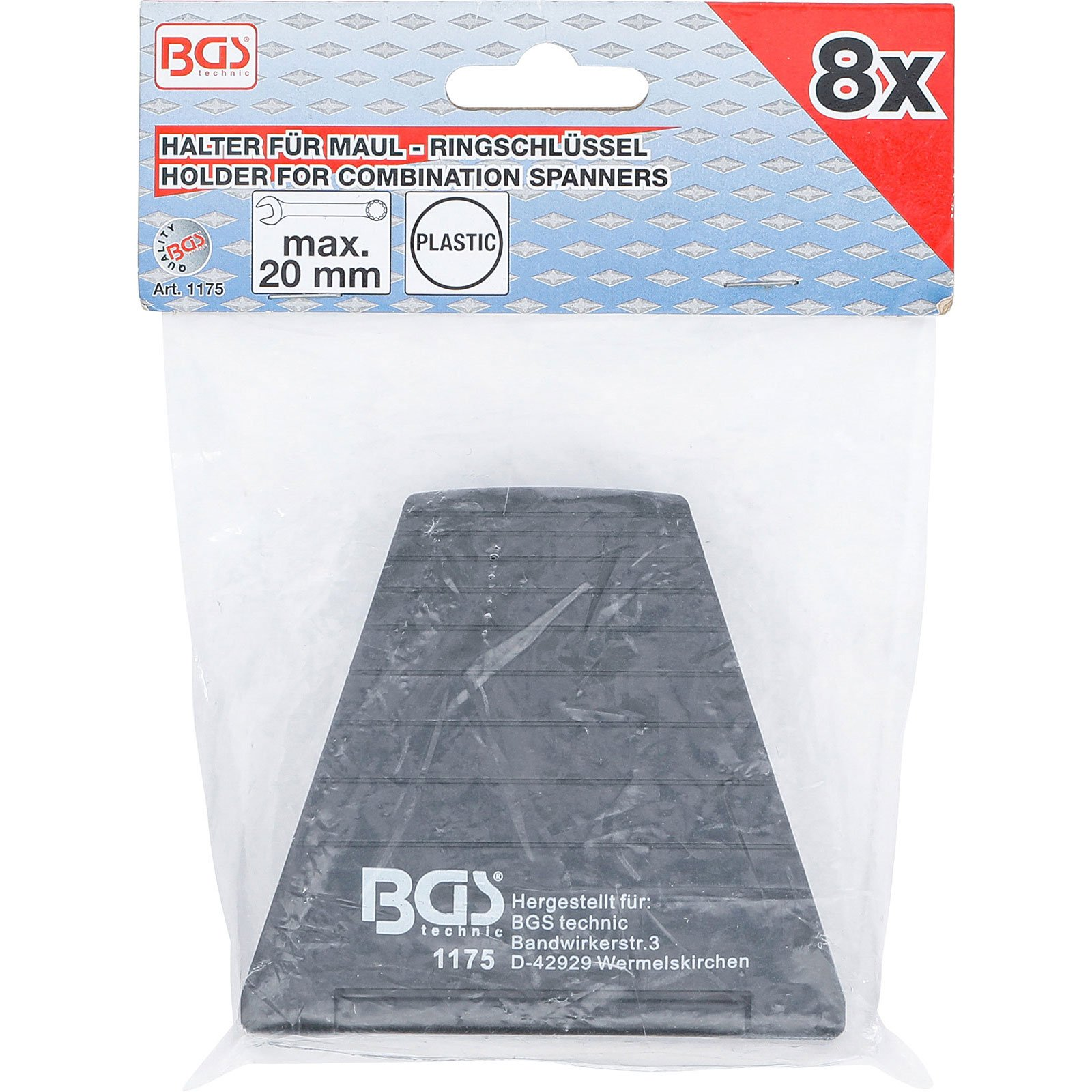 Verpackung für Kombischlüsselhalter. Es besteht aus Kunststoff der Marke BGS technic. Die max. Größe beträgt 20mm.