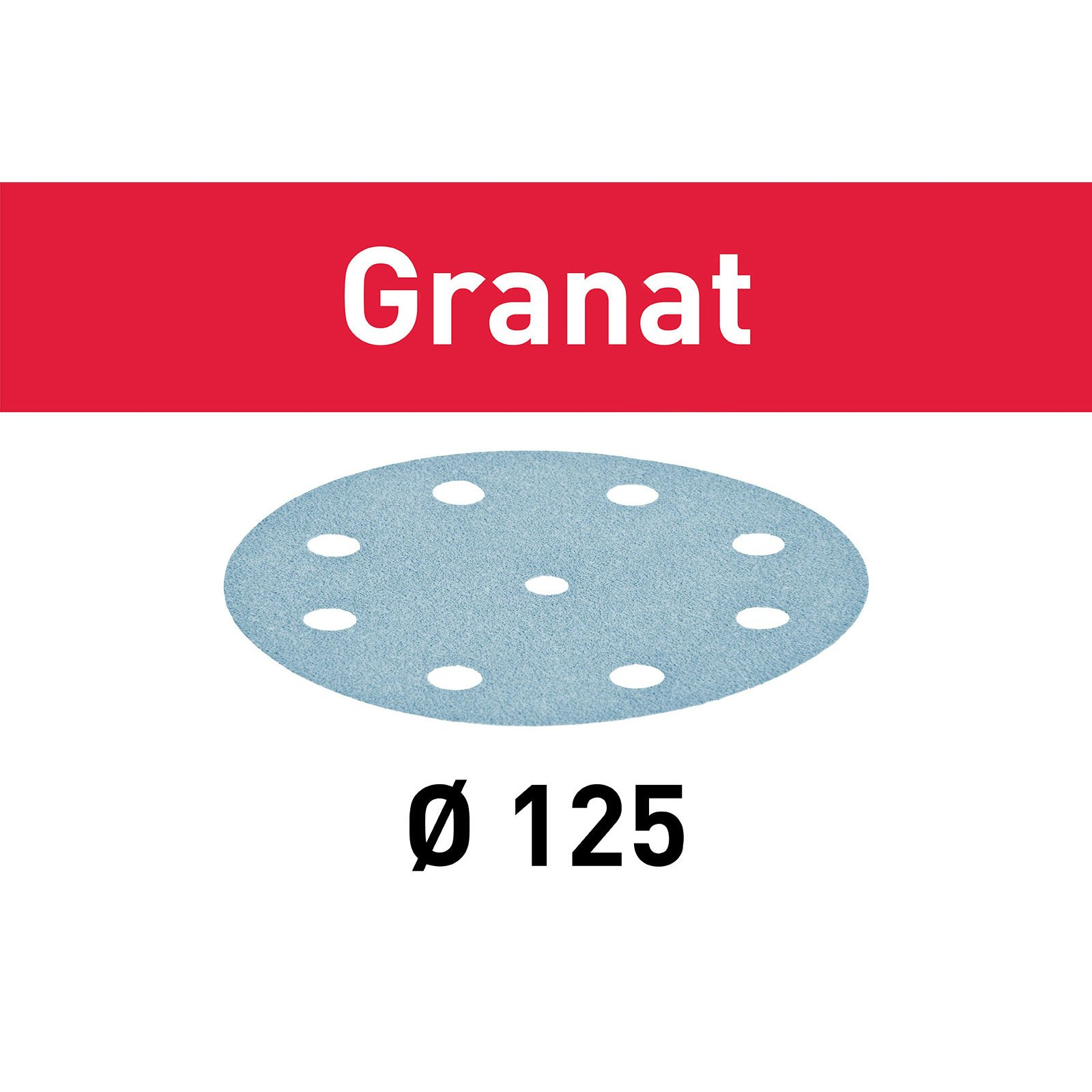 Schleifscheibe mit Löchern, hellblau, Text 'Granat' oben und 'Ø 125' unten.